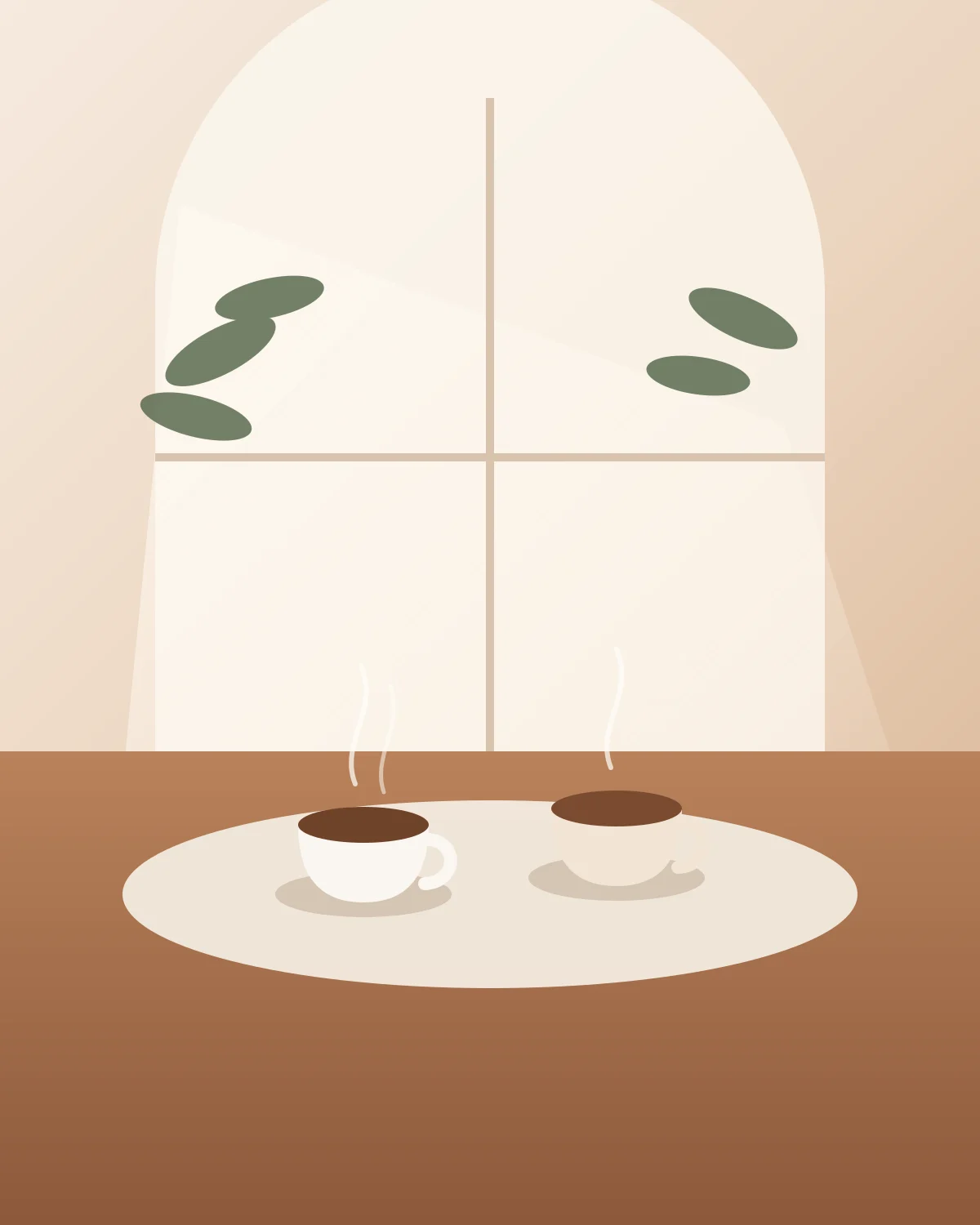 Ilustração de duas xícaras de café sobre mesa de madeira em manhã tranquila na varanda