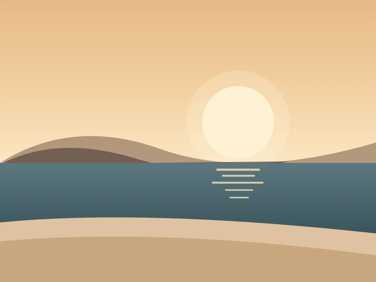 Ilustração de fim de tarde dourado refletindo no mar ao lado de estrada costeira