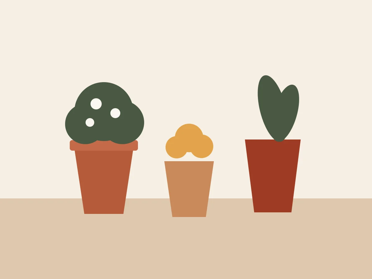 Ilustração de três vasos de cerâmica terracota com plantas sob luz clara