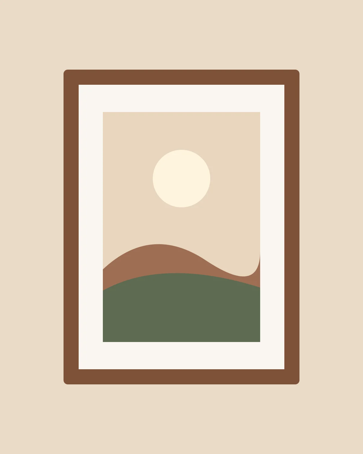 Ilustração autoral de porta-retrato clássico de madeira emoldurando paisagem serena