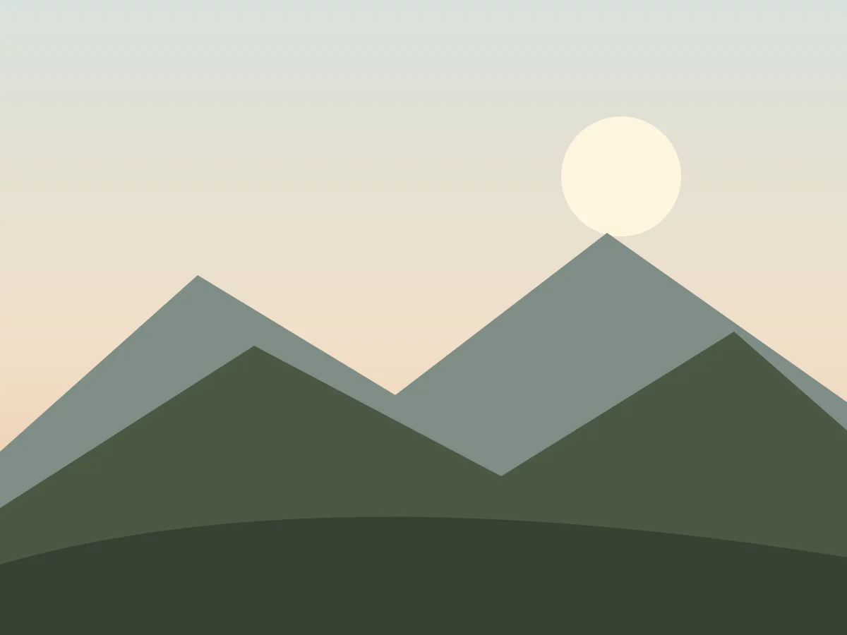 Ilustração de montanhas verdes ao amanhecer com luz suave no horizonte