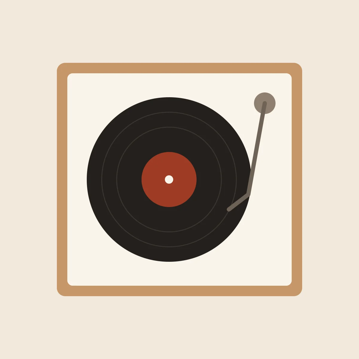 Ilustração autoral quadrada de toca-discos em madeira clara com vinil terracota