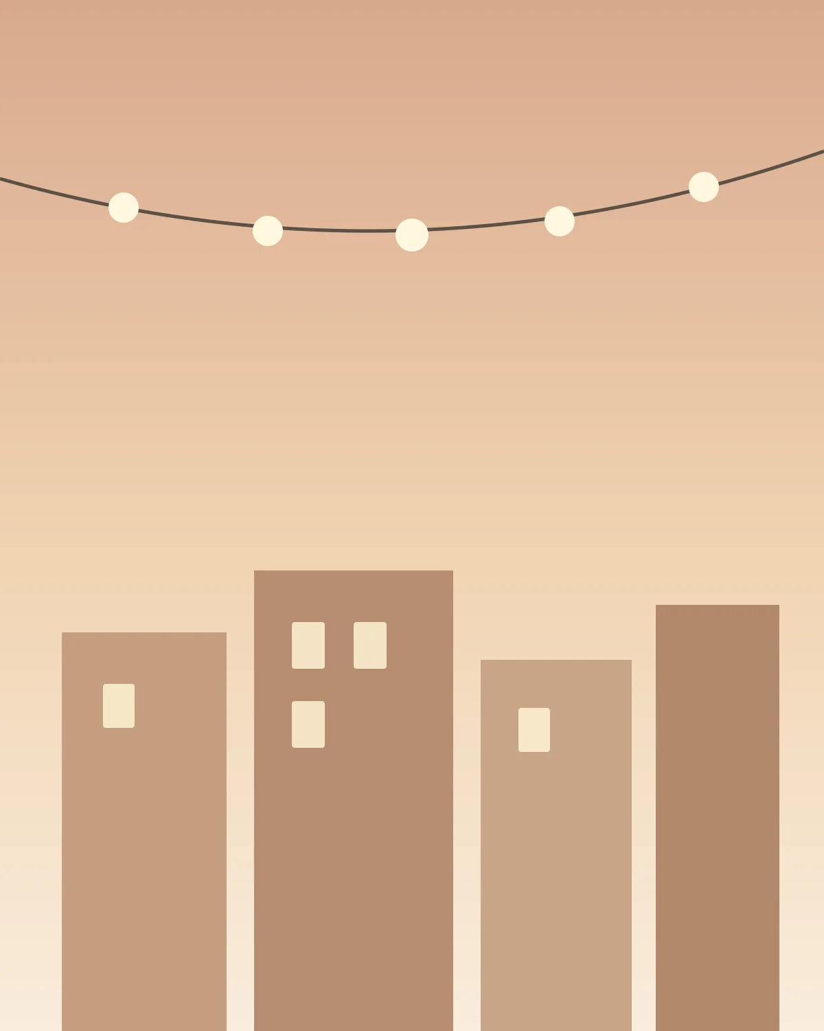 Ilustração autoral de cordão de luzes quentes acesas sobre prédios ao entardecer